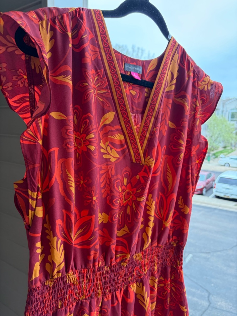 🆕🍎 Vince Camuto Boho Floral Maxi Dress Red Orange Tiered Size L Summer Flowy - Picture 7 of 16